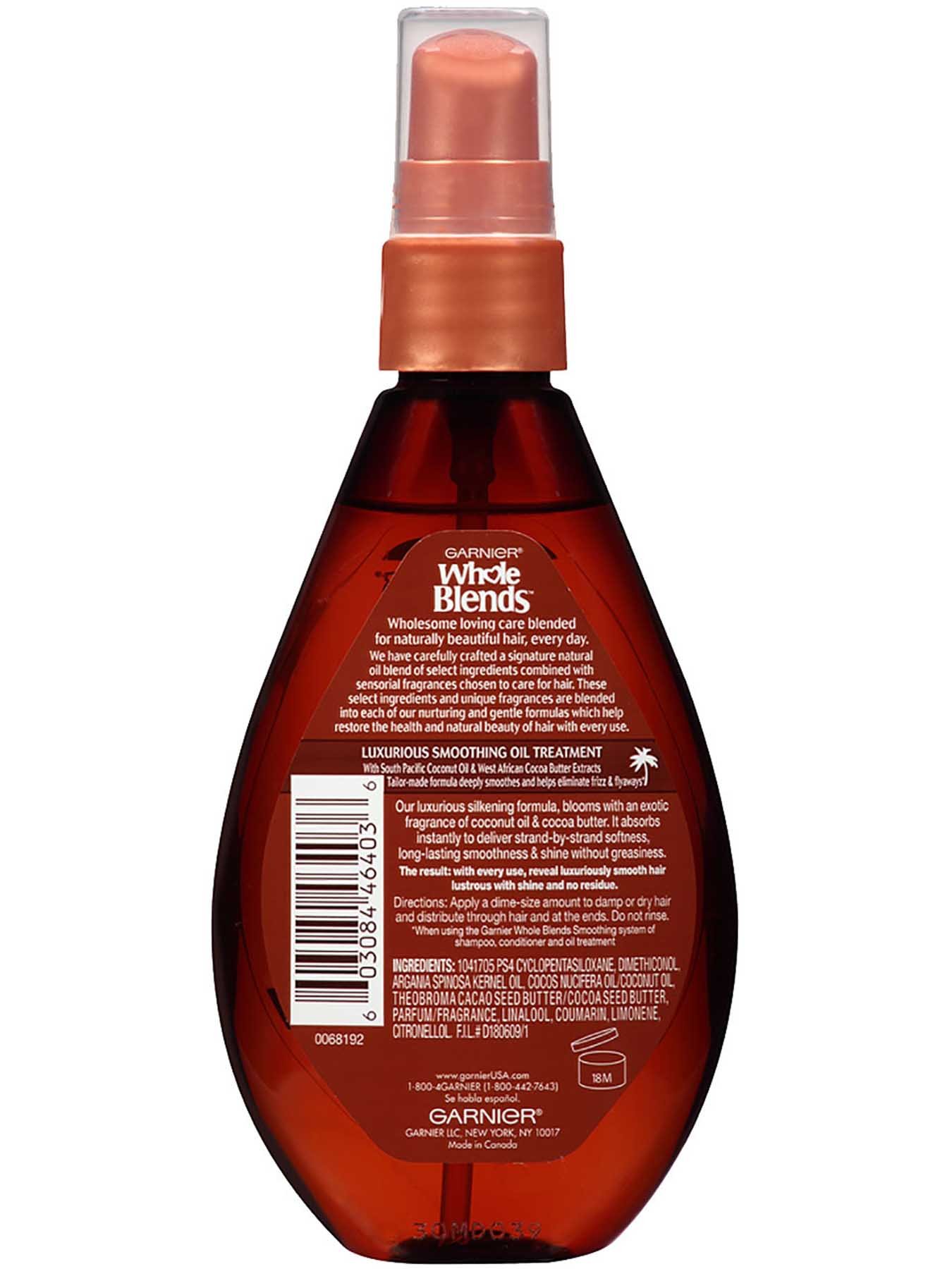 Back view of Smoothing Oil with Coconut Oil and Cocoa Butter Extracts.